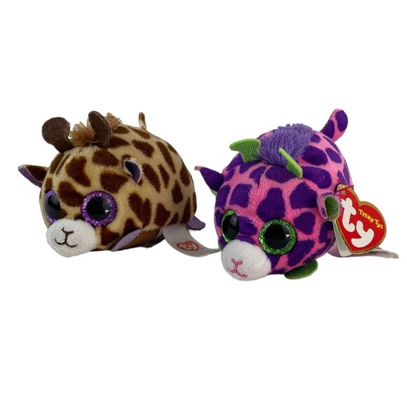 Ty Other - Teeny Ty’s Ferris & Mabs Giraffe 4" Plush Lot of 2 Green Purple Glitter Eyes
